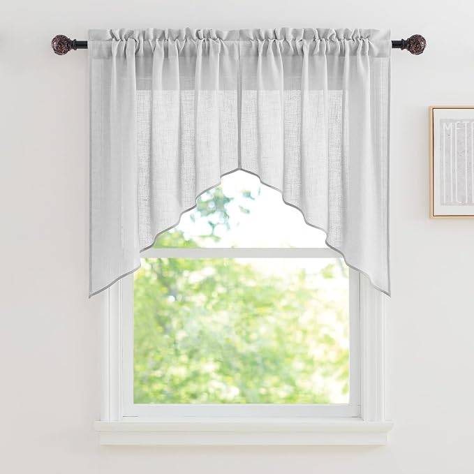 RYB HOME Linen Textured Wave Pattern Sheer Valance Curtains, Contemporary Semi by RYBHOME