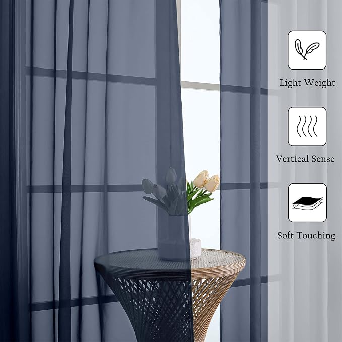 Lecloud Navy Blue Sheer Curtains 96 Inches Long 2 Pcs, Light Filtering Window - Image 2