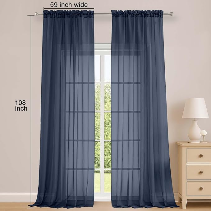 OWENIE Sheer Navy Blue Curtains 108 Inches Long - Image 2