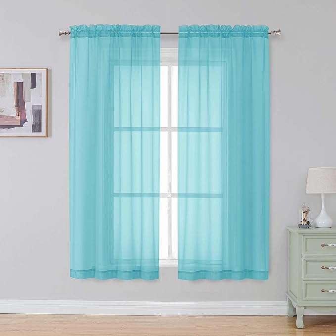Simplebrand Aqua Sheer Curtains 63 Inch Length 2 Panels, Rod Pocket Solid Color by Simplebrand