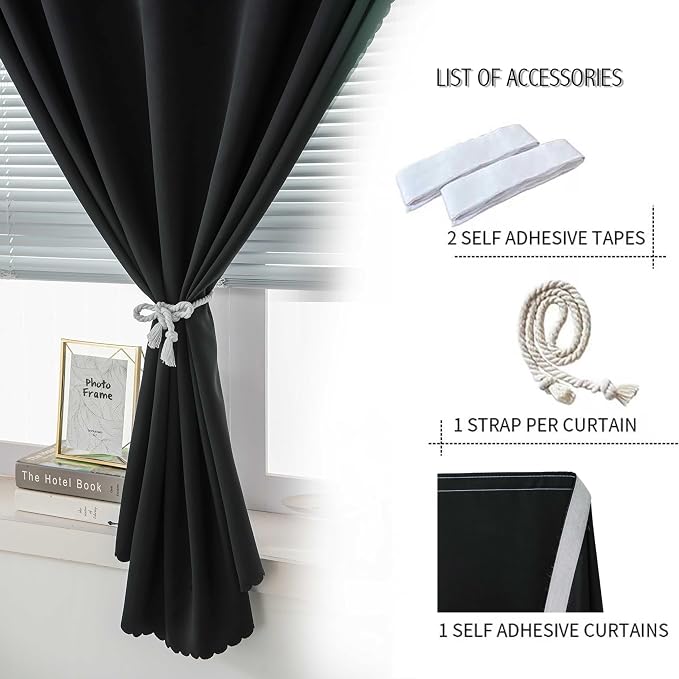 Thermal Blackout Curtains with Self Adhesive Tape No Rod No Drill Easy Install - Image 2