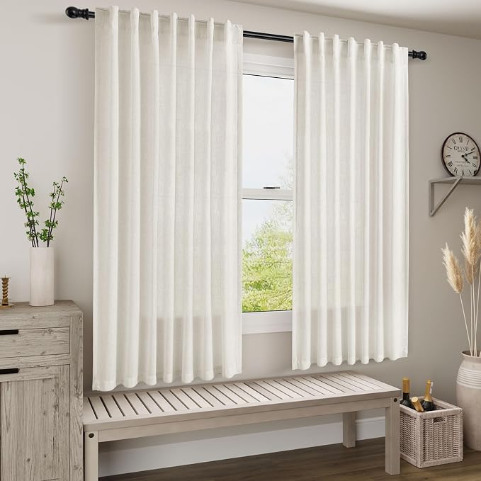 Neutral Semi Sheer Cream Linen Curtains 64 Inch Length 2 Panel Set Soft Airy - Image 7