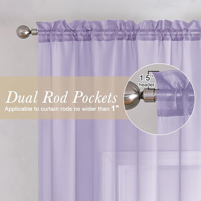 Lecloud Light Filtering Lavender Sheer Curtains 63 Inch Length 2 Panels - Image 2