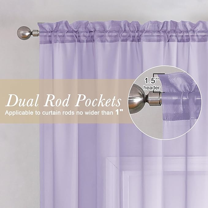 Lecloud 72 Inch Light Purple Sheer Curtains & Panels Set of 2, Airy & - Image 2