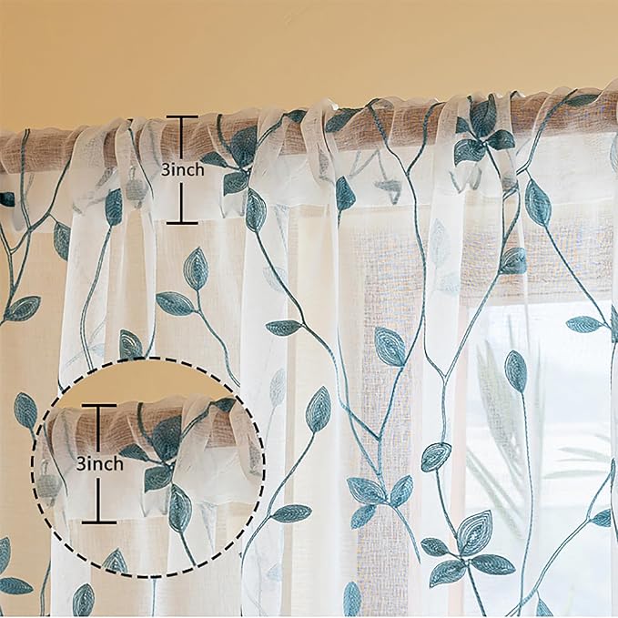 AmHoo 2 Panels Embroidered Leaf Pattern Semi Sheer Curtains Foliage Floral - Image 3