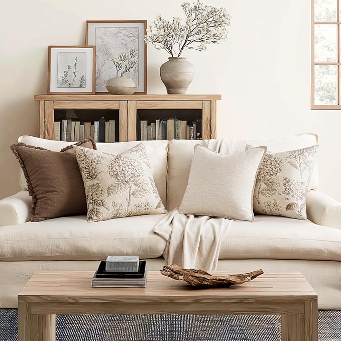 Set of 2 Decorative Floral Pillow Covers 18x18 Inch Light Brown | Neutral - Image 4