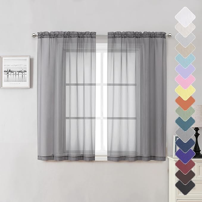 Lecloud Charcoal Grey Sheer Curtains 54 Inch Length 2 Panels, Light Filtering by Lecloud