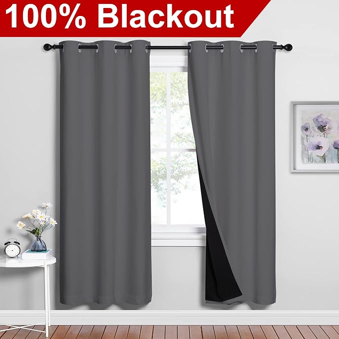 NICETOWN Grey Full Shade Curtain Panels, Pair of Energy Smart & Noise Blocking - Image 2