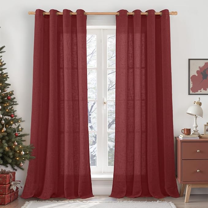 LAMIT Burgundy Red Sheer Linen Curtains 84 inch Length, Light Filtering Semi by LAMIT