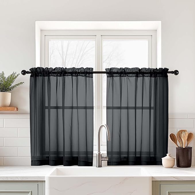 Black Small Sheer Curtains Tier 24 Inches Length 2 Pieces, Light Filtering Cafe by Home