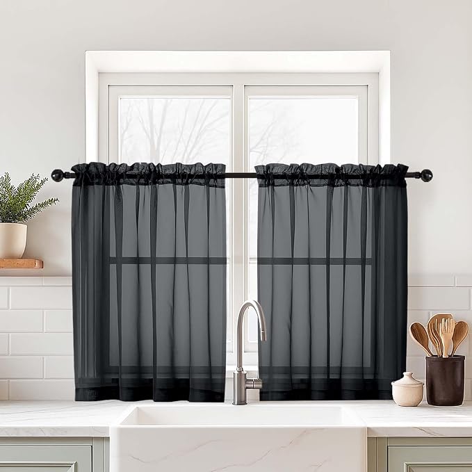 Black Sheer Curtains Tier 30 Inches Length 2 Panels Set, Light Filtering by Home