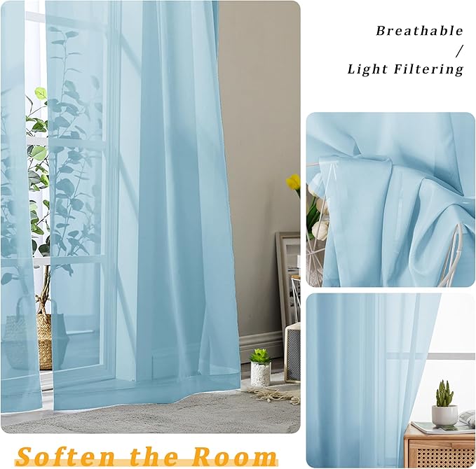 Gwine Sky Blue Sheer Kitchen Curtains 36 Inch Length, Light Filtering Voile - Image 3