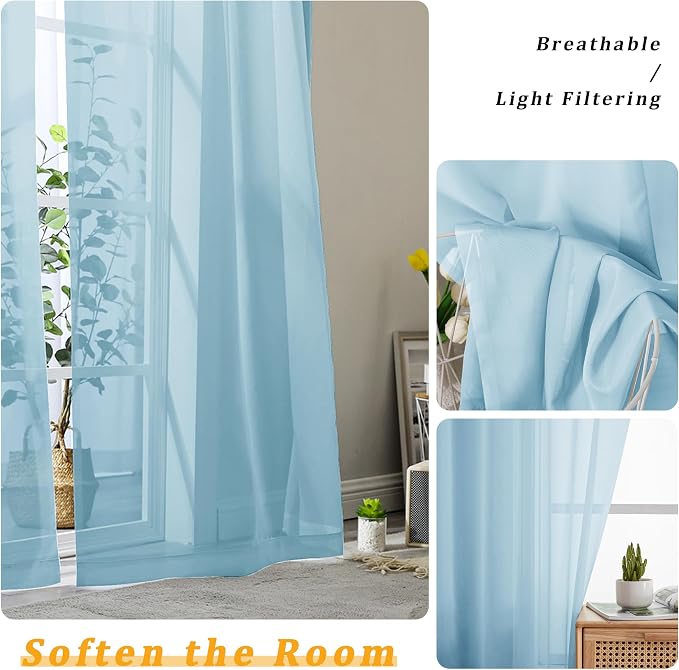 Gwine Sky Blue Sheer Curtains 90 Inches Long 2 Panels Set, Light Filtering - Image 3