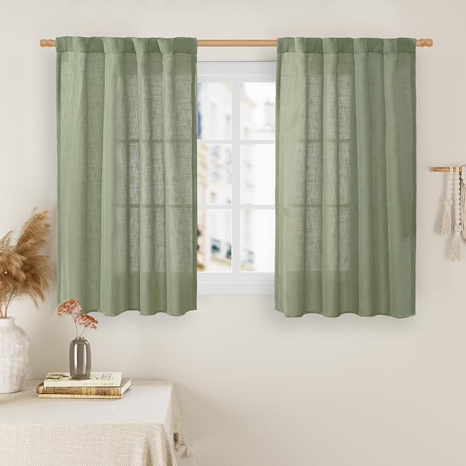 LAMIT Sage Green Semi Sheer Window Linen Curtains, 54 Inch Length Light by LAMIT