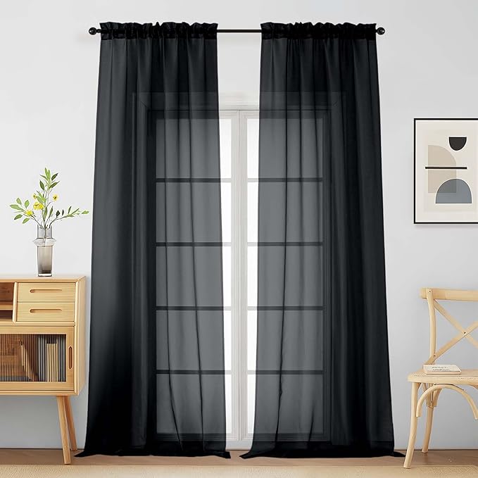 Halloween Black Sheer Curtains for Window 96 Inches Long 2 Panels Set, Soft by Home