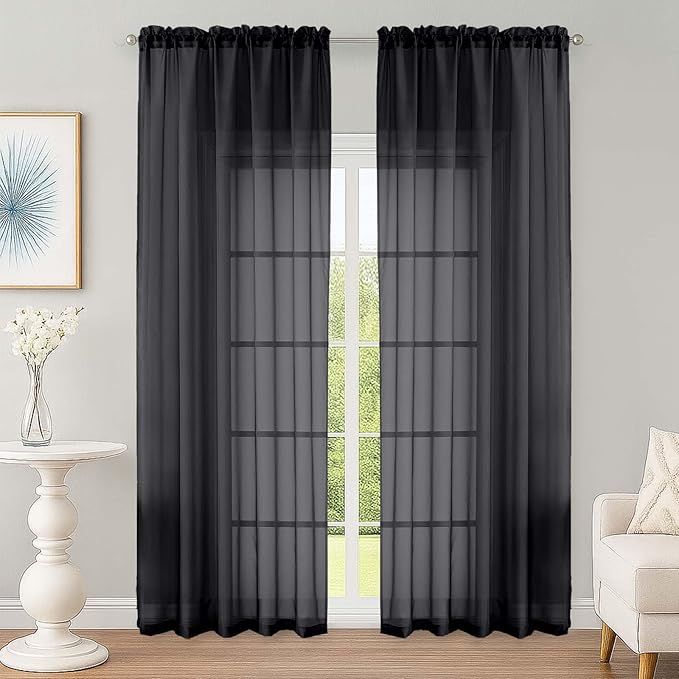 OWENIE Black Sheer Curtain 90 Inches Long 2 Panels Set, Solid Filmy Drapes by OWENIE