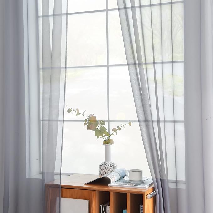 youleyar Solid Sheer Rod Pocket Curtain Voile Draperies 2 Panels White Beige - Image 2