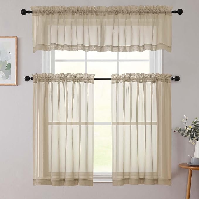 Kitchen Curtains 24 Inch Length Tier 2 Pieces, Taupe Sheer Curtain Solid Soft - Image 8