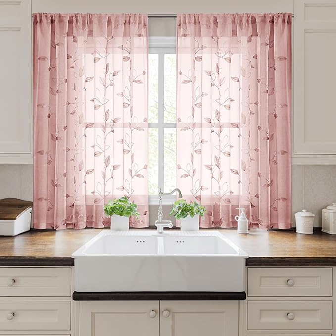 HOMEIDEAS Blush Pink Sheer Kitchen Curtains 52 x 54 Inch Length 2 Panels - Image 7