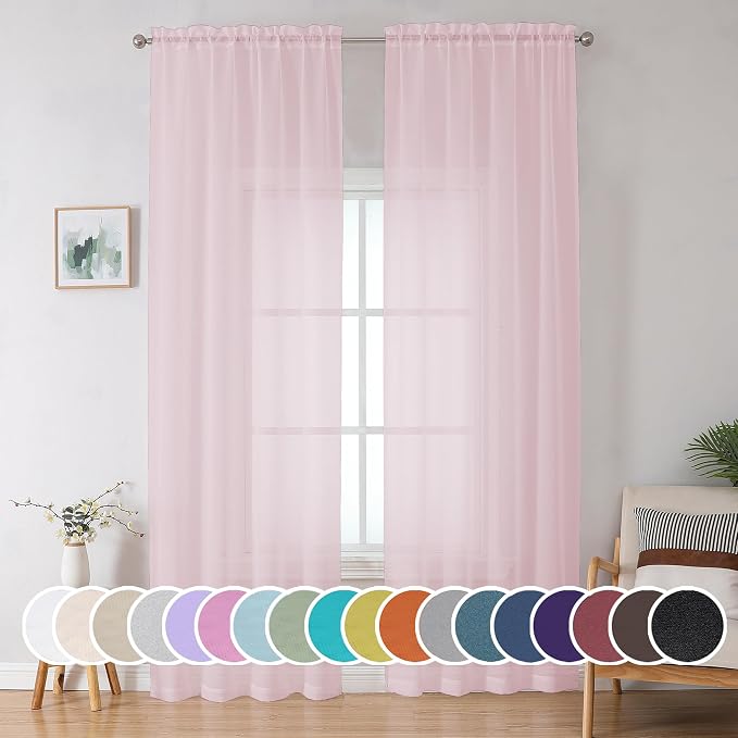 OWENIE Extra Long Sheer Curtains 96 Inches Long, Rod Pocket Airy Solid Blush by OWENIE