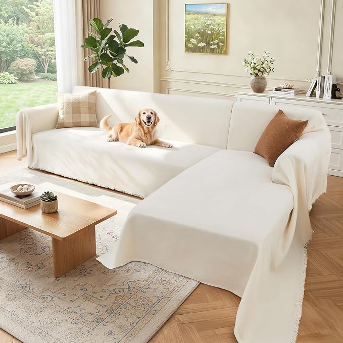 2 Pieces Sectional Couch Covers L Shaped Cover L Cream White | Thick Washable by Unknown