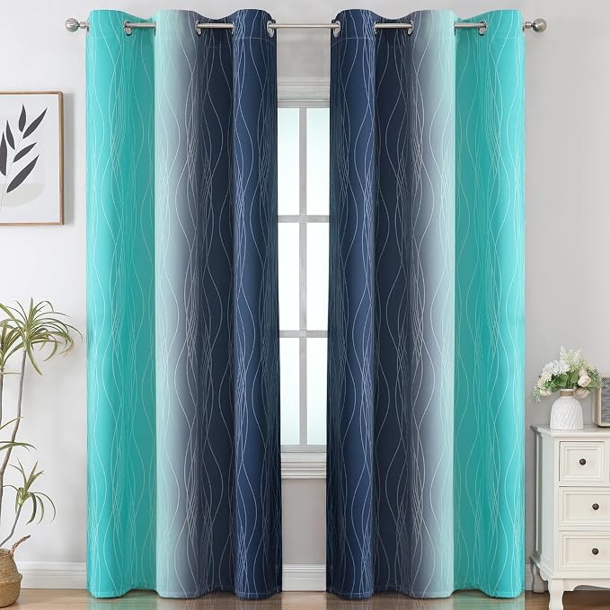 Estelar Textiler Navy Blue and Teal Ombre Blackout Curtains - Image 2