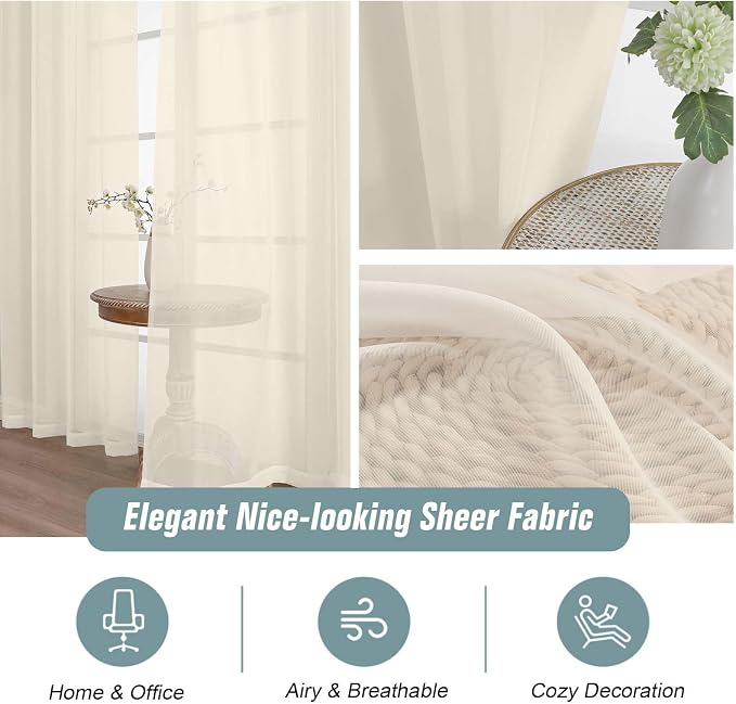 Cream Sheer Curtains 84 Inches Long 2 Panels, Elegant Airy Transparent Light - Image 4