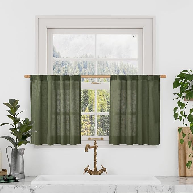 LAMIT Kitchen Semi Sheer Linen Curtains 24 Inch Long, Light Filtering Panels by LAMIT