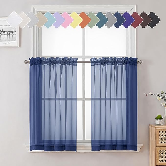 Lecloud Royal Blue Sheer Curtains 36 Inch Length 2 Panels, Solid Voile Cafe by Lecloud