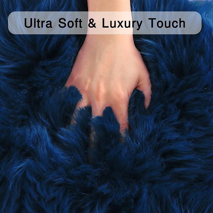 duduta Navy Blue Faux Sheepskin Throw Rug 2x3 ft, Fluffy Shag Fur Chair Cover - Image 4