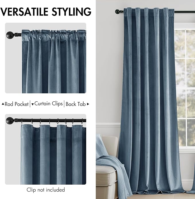 MIULEE Velvet Curtains 52x108 inches 2 Panels Stone Blue Blackout Curtains | - Image 2