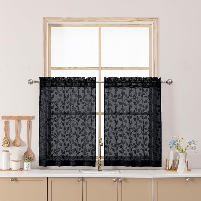 Chyhomenyc Black Sheer Curtains 30 Inch Length, Light Filtering Leaf Tufted by Chyhomenyc