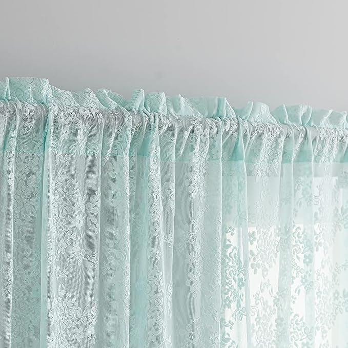 YJ YANJUN Vintage Lace Curtains 96 Inches Long-Victorian Floral Pattern Aqua - Image 3