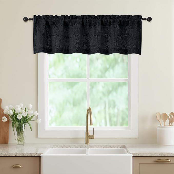 Black Valances for Windows, Light Filtering Faux Linen Textured Small Short by WelvetBLK