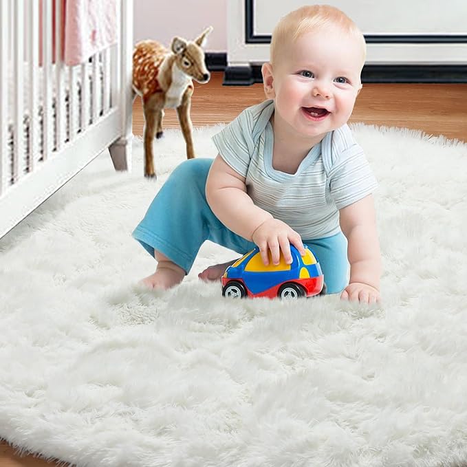 ONASAR Cream White Round Area Rug 4ft, Fluffy Ultra Soft Bedroom Circle Rugs - Image 8