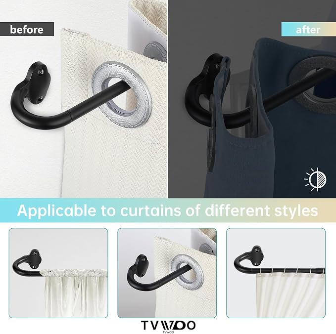 TVWOO Black Wrap Around Curtain Rods:5/8" Small Blackout Adjustable Window - Image 3