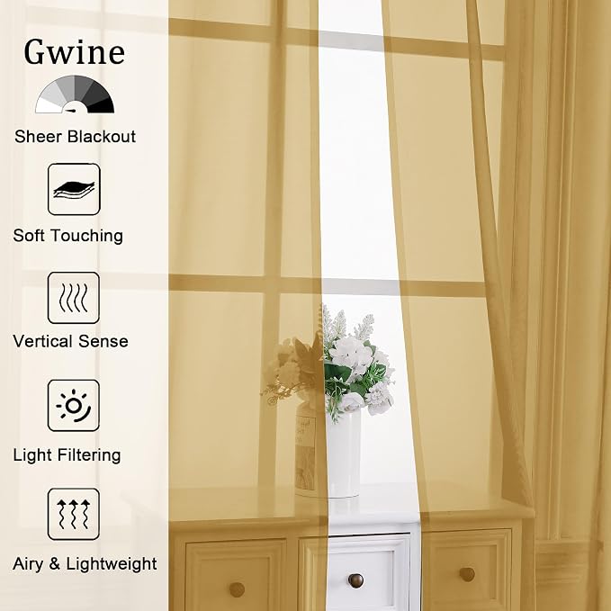 Gwine Gold Sheer Curtains 72 Inches Long 2 Panels Set - Image 2