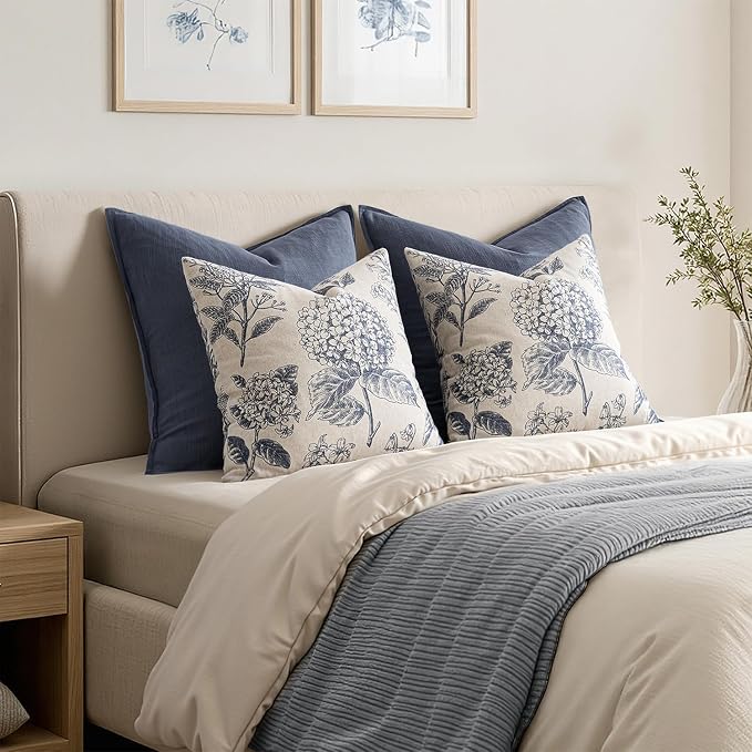 Set of 2 Decorative Floral Pillow Covers 16x16 Inch Light Blue | Neutral - Image 6