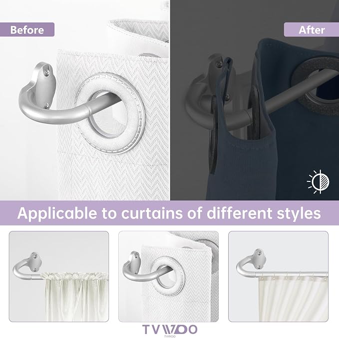 TVWOO Silver Wrap Around Curtain Rods:5/8 Inch Blackout Adjustable Window - Image 3