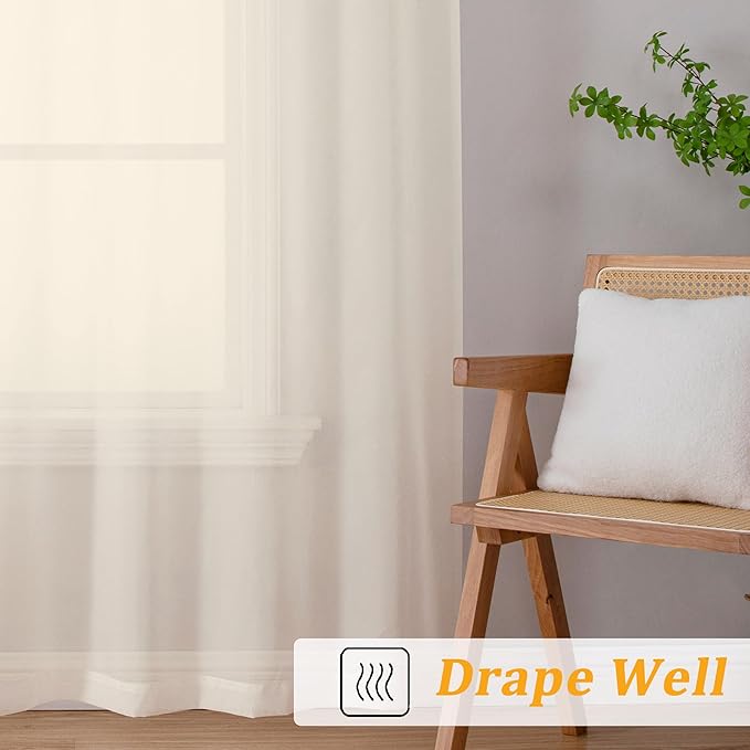 Gwine Cream Sheer Curtains 90 Inches Long 2 Panels Set, Light Filtering Solid - Image 6