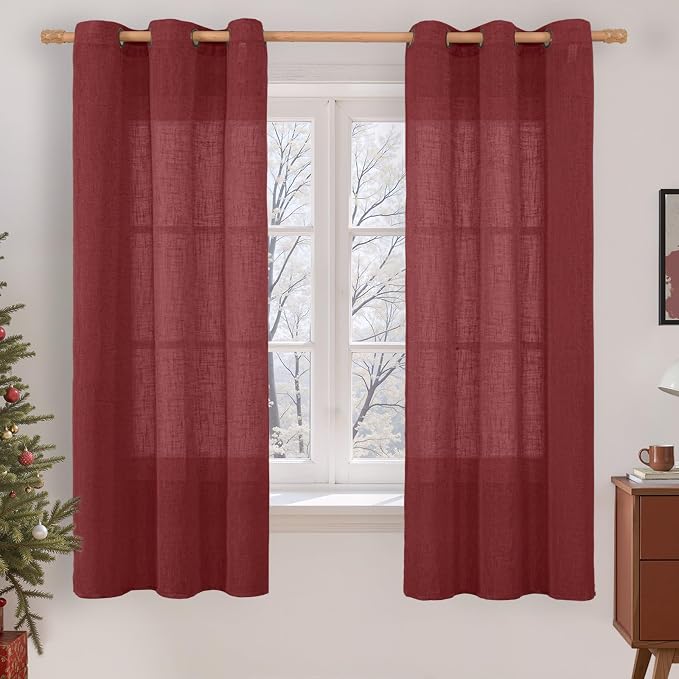 LAMIT Burgundy Red Sheer Linen Curtains 63 Inch Length, Linen Textured Light by LAMIT