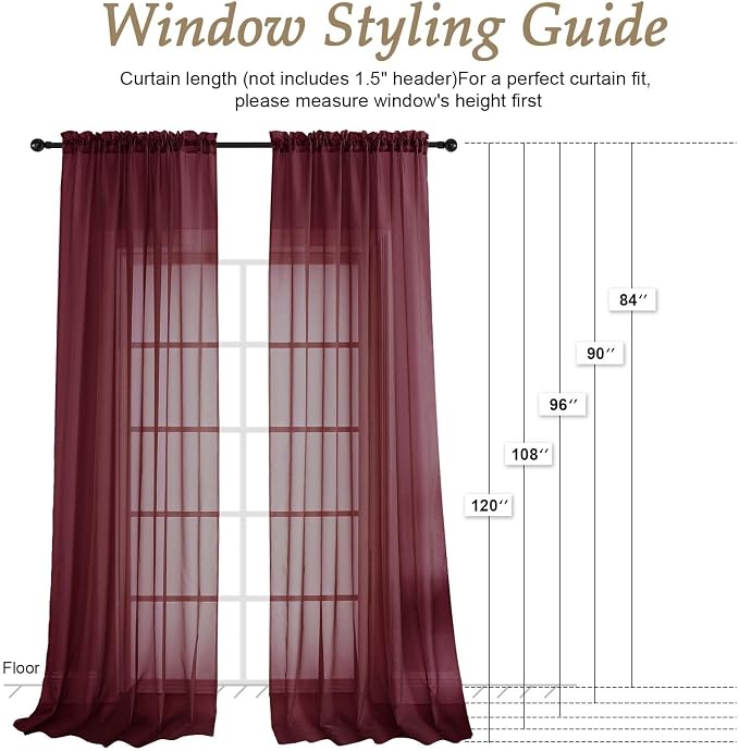 OVZME Burgundy Sheer Curtains 84 Inches Long 2 Panels Set, Light Filtering - Image 2