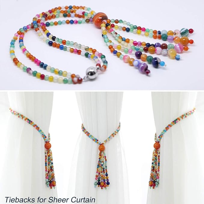Magnetic Curtain Tiebacks, 2 Pack Colorful Agate Tassel Curtain Drapery - Image 2