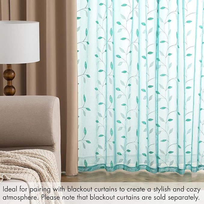 MIULEE Turquoise Sheer Curtains 2 Panels Embroidered Leaf Patterned Rod Pocket - Image 7