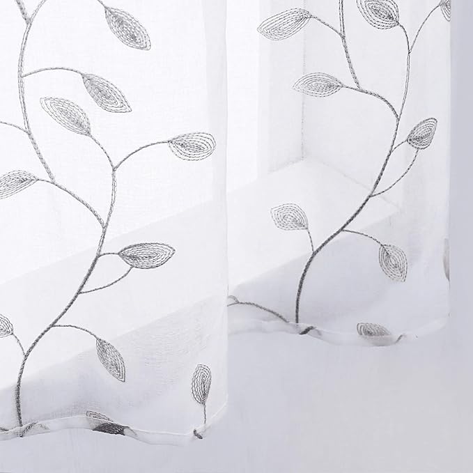 MRTREES Sheer Voile Curtain Valances, Leaves Embroidered Valance Curtains Rod - Image 5