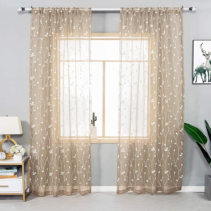 AmHoo 2 Panels Embroidered Leaf Pattern Semi Sheer Curtains Foliage Floral - Image 2