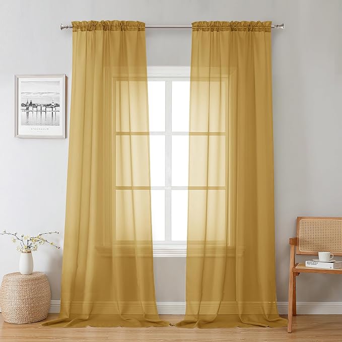 Chyhomenyc Gold Sheer Curtains 96 inches Long 2 Panels, Light Filtering Soft by Chyhomenyc