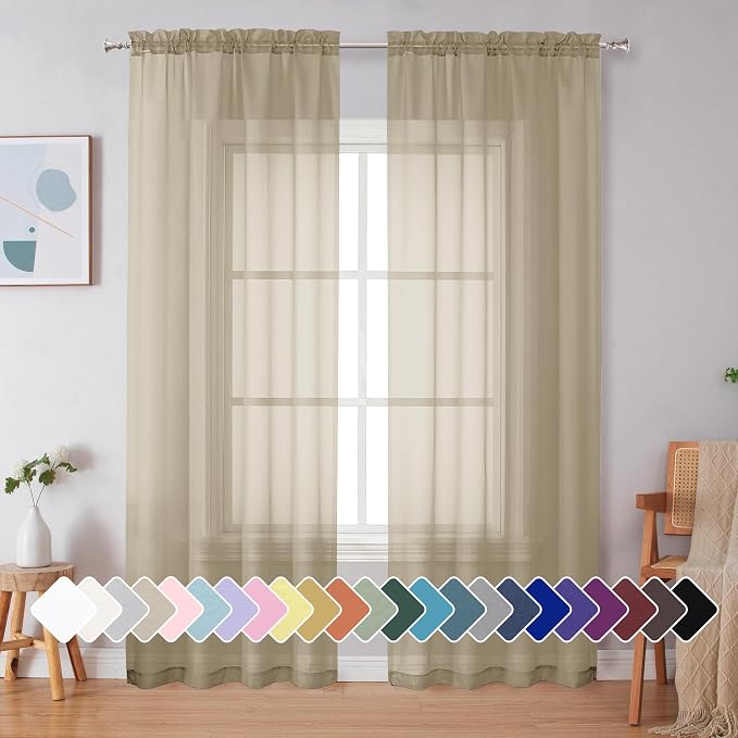 Simplebrand Taupe Sheer Curtains 90 Inches Long 2 Panels, Light Filtering Rod by Simplebrand