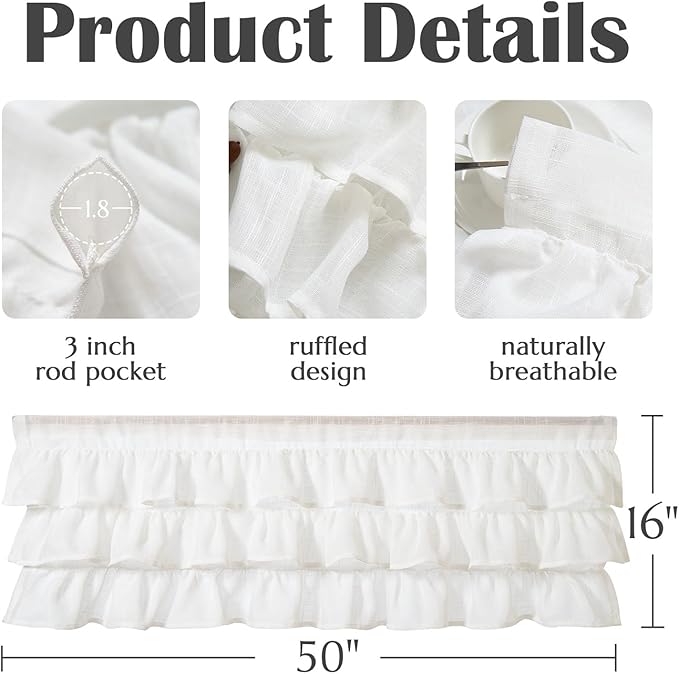 jinchan Ruffled Valance Curtain Slubbed Crossed Kitchen Valance Vintage - Image 4