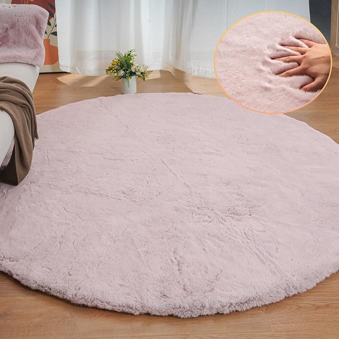 ORINOVA Pink Boho Round Rugs 8ft Large Fluffy Machine Washable Fuzzy Fur Area by ORINOVA